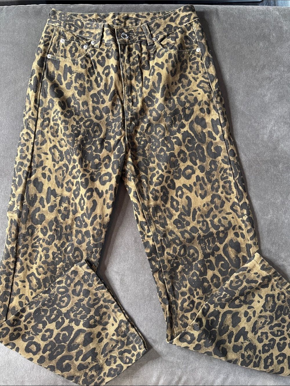 Women’s Leopard Print Wide Leg Denim Jeans Brown Black Y2K Size M NWOT